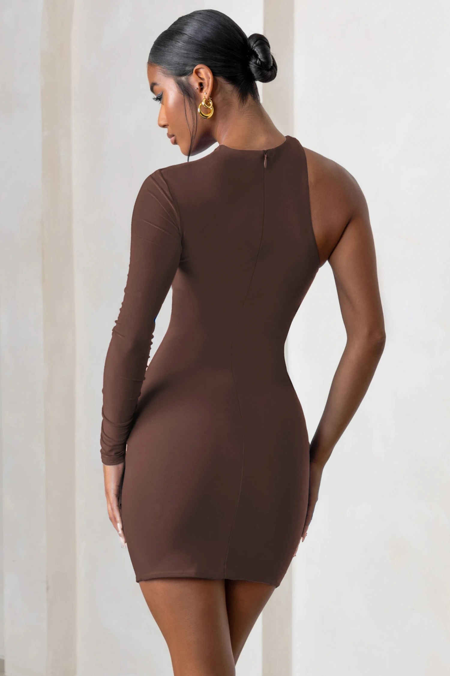 Perfect Touch | Chocolate One Shoulder Long Sleeve Mini Dress - Image 2