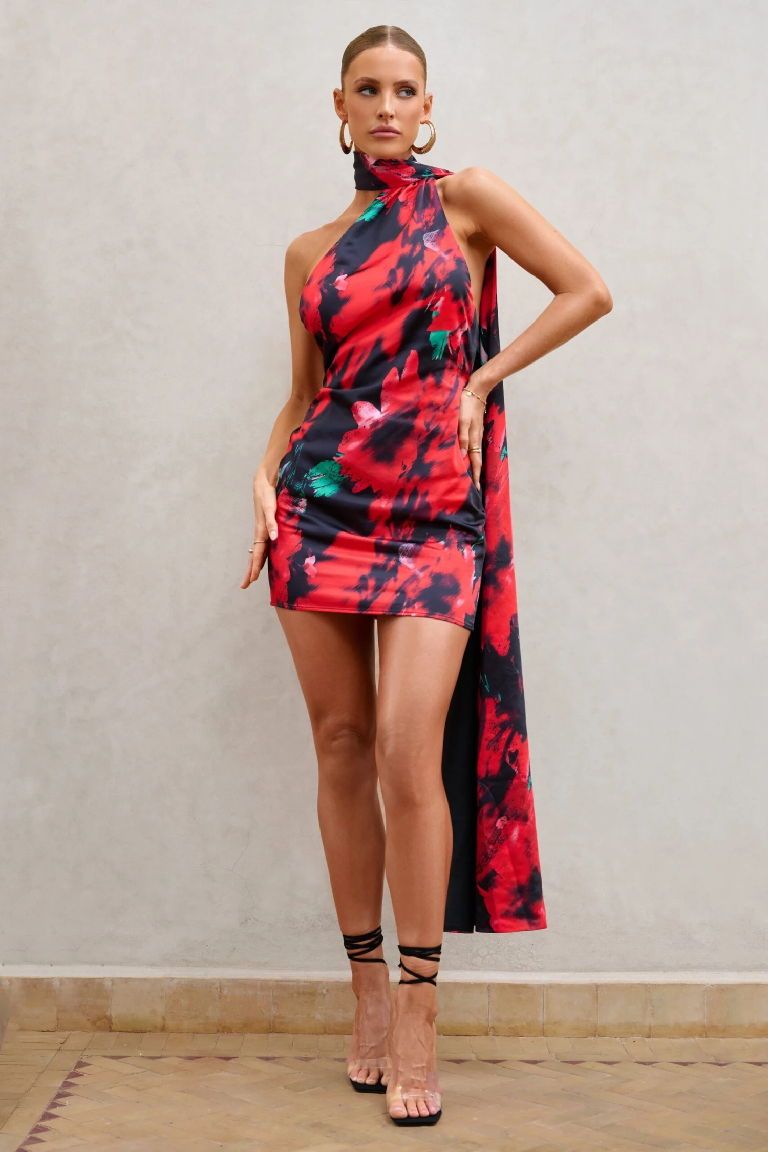 Nasira | Black Floral Asymmetric Neck Open Back Mini Dress With Scarf Detail - Image 4