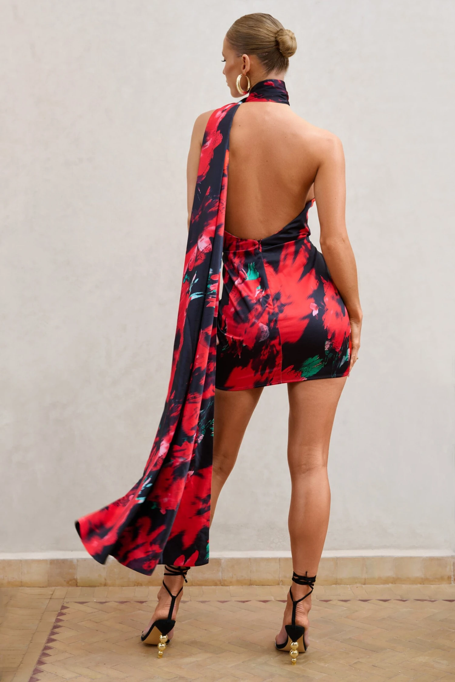 Nasira | Black Floral Asymmetric Neck Open Back Mini Dress With Scarf Detail - Image 2