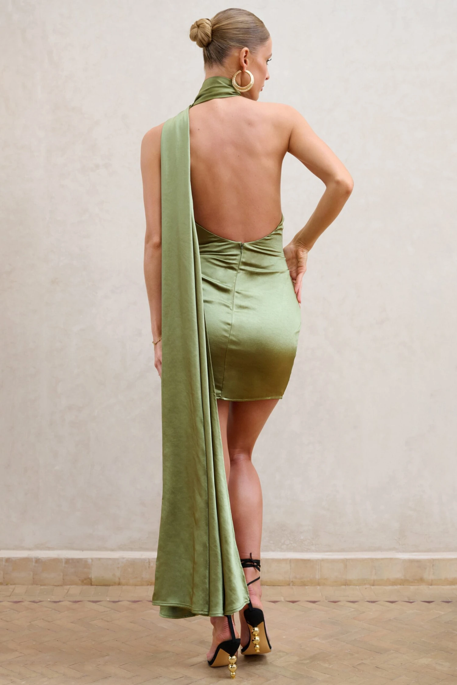 Nasira | Olive Asymmetric Neck Open Back Mini Dress With Scarf Detail - Image 2