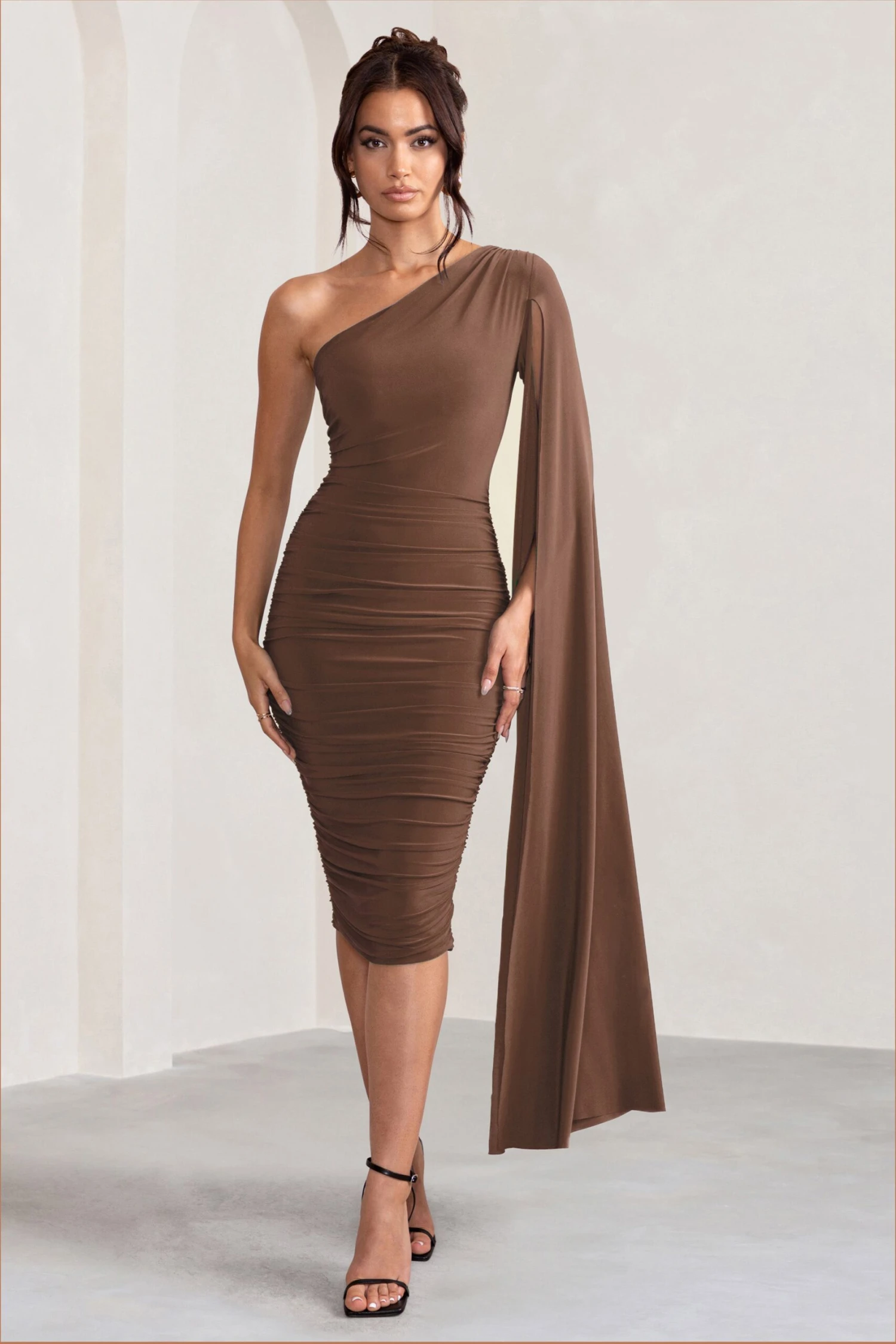 Yara | Chocolate Brown One Shoulder Cape Ruched Midi Dress - Image 4