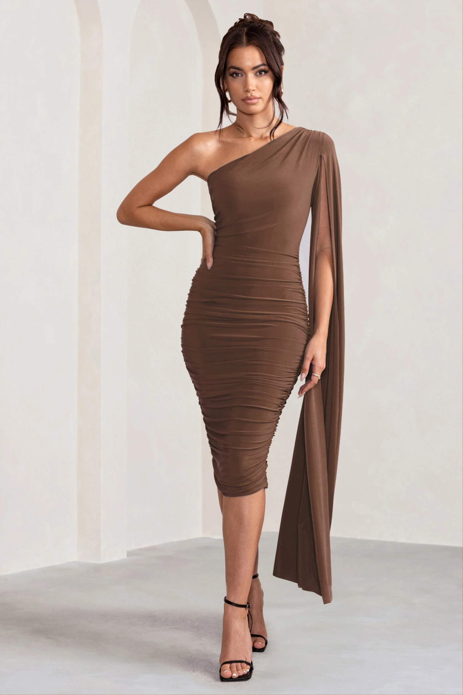 Yara | Chocolate Brown One Shoulder Cape Ruched Midi Dress - Image 5