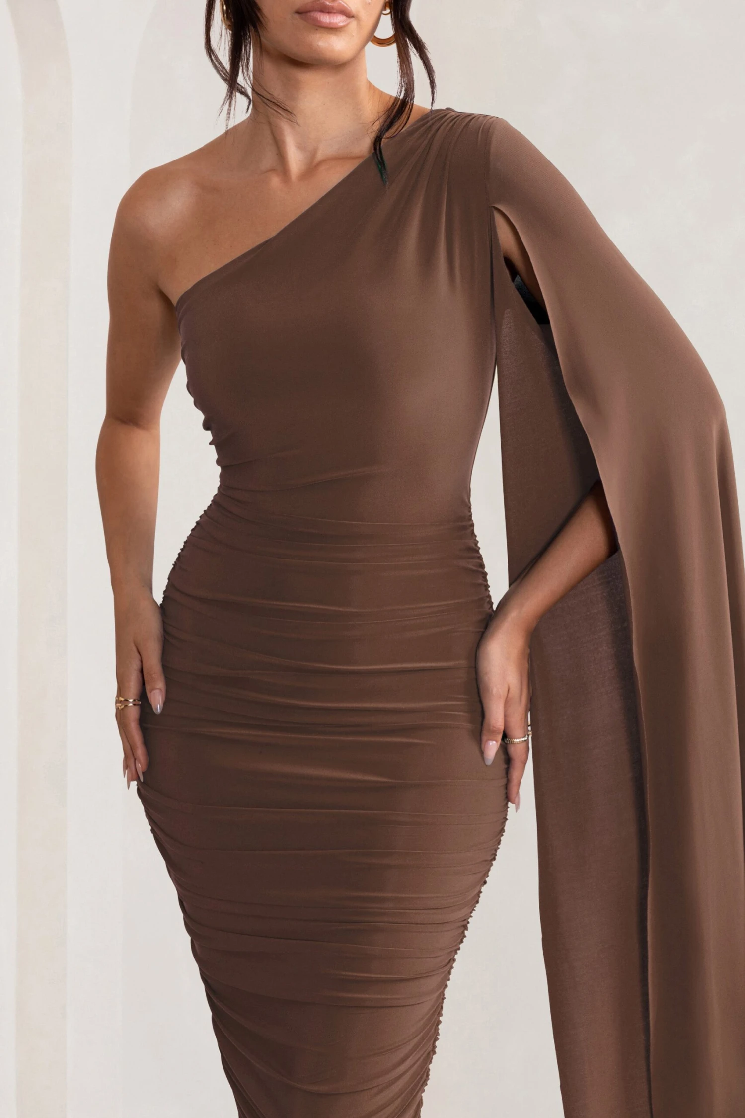 Yara | Chocolate Brown One Shoulder Cape Ruched Midi Dress - Image 3