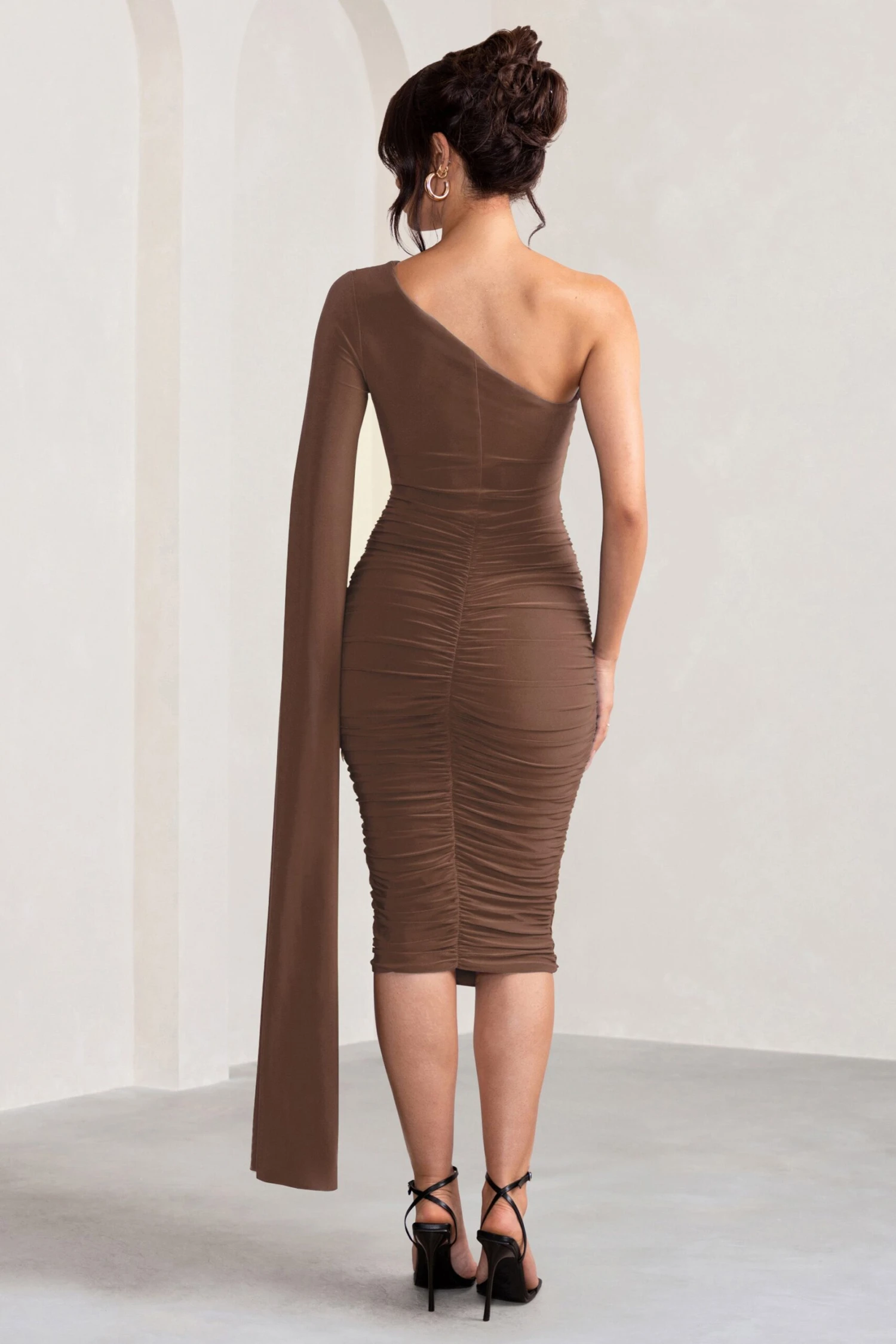 Yara | Chocolate Brown One Shoulder Cape Ruched Midi Dress - Image 2