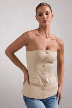 Elliana | Stone Strapless Button Front Tailored Top