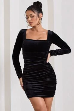 Muse | Black Velvet Long Sleeve Square Neck Ruched Mini Dress
