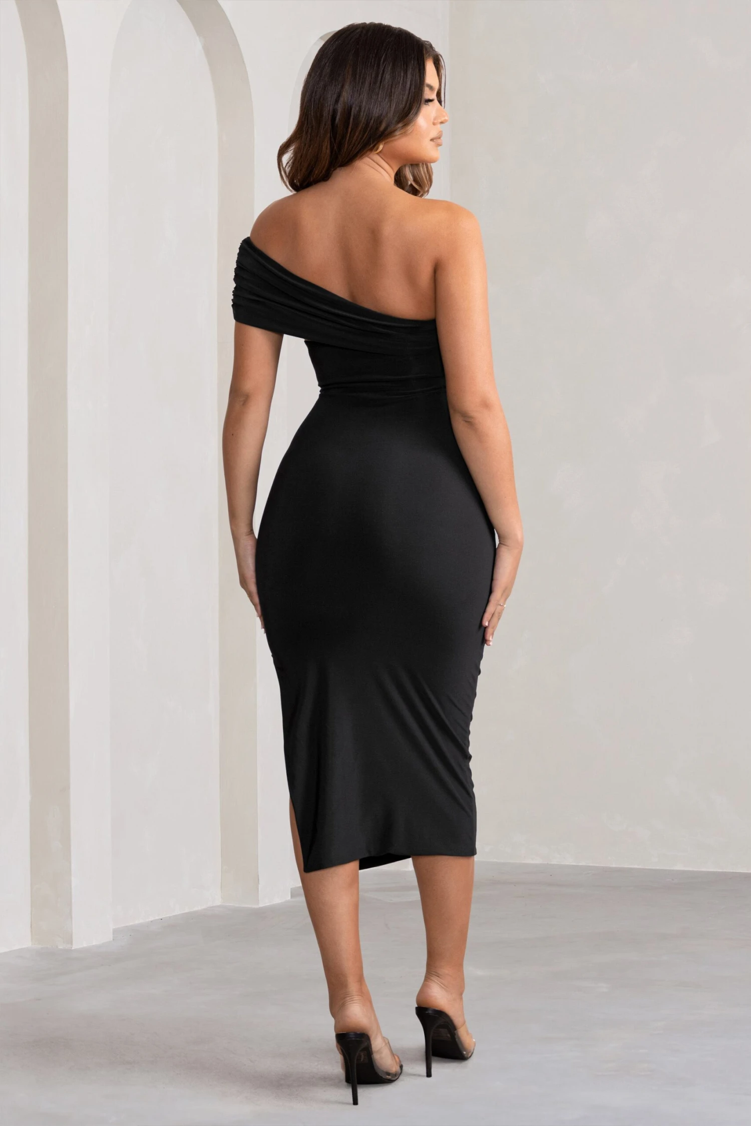 Odelia | Black One Shoulder Bardot Ruched Midi Dress - Image 2