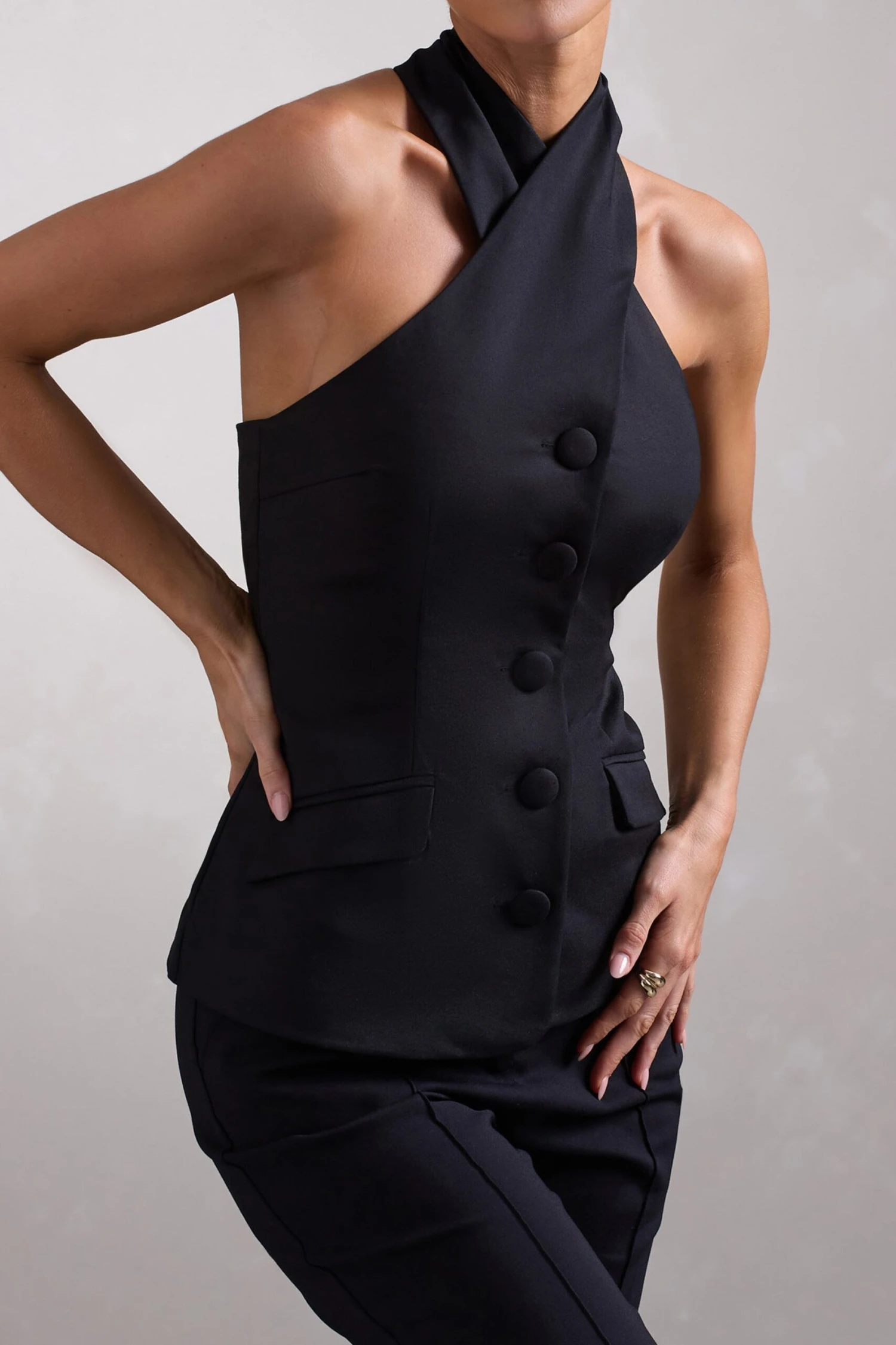 Remi | Black Cross Halter Neck Tailored Sleeveless Blazer Top - Image 5