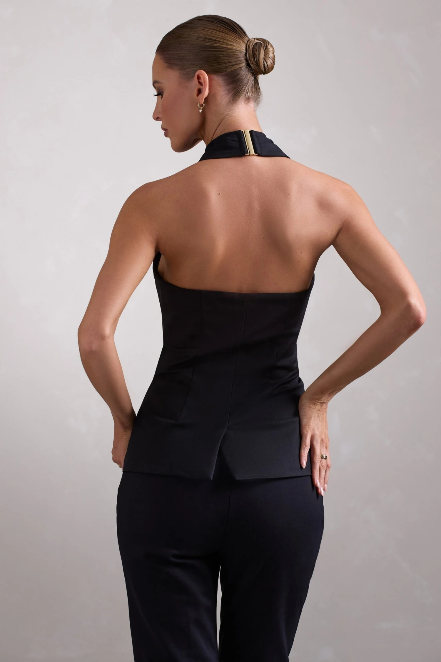 Remi | Black Cross Halter Neck Tailored Sleeveless Blazer Top - Image 2