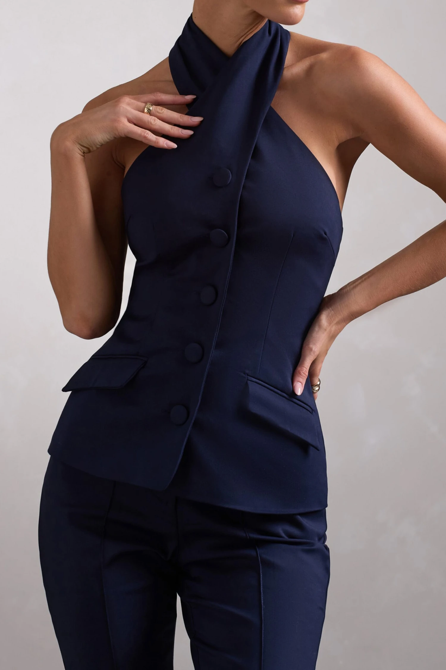 Remi | Navy Cross Halter Neck Tailored Sleeveless Blazer Top - Image 5