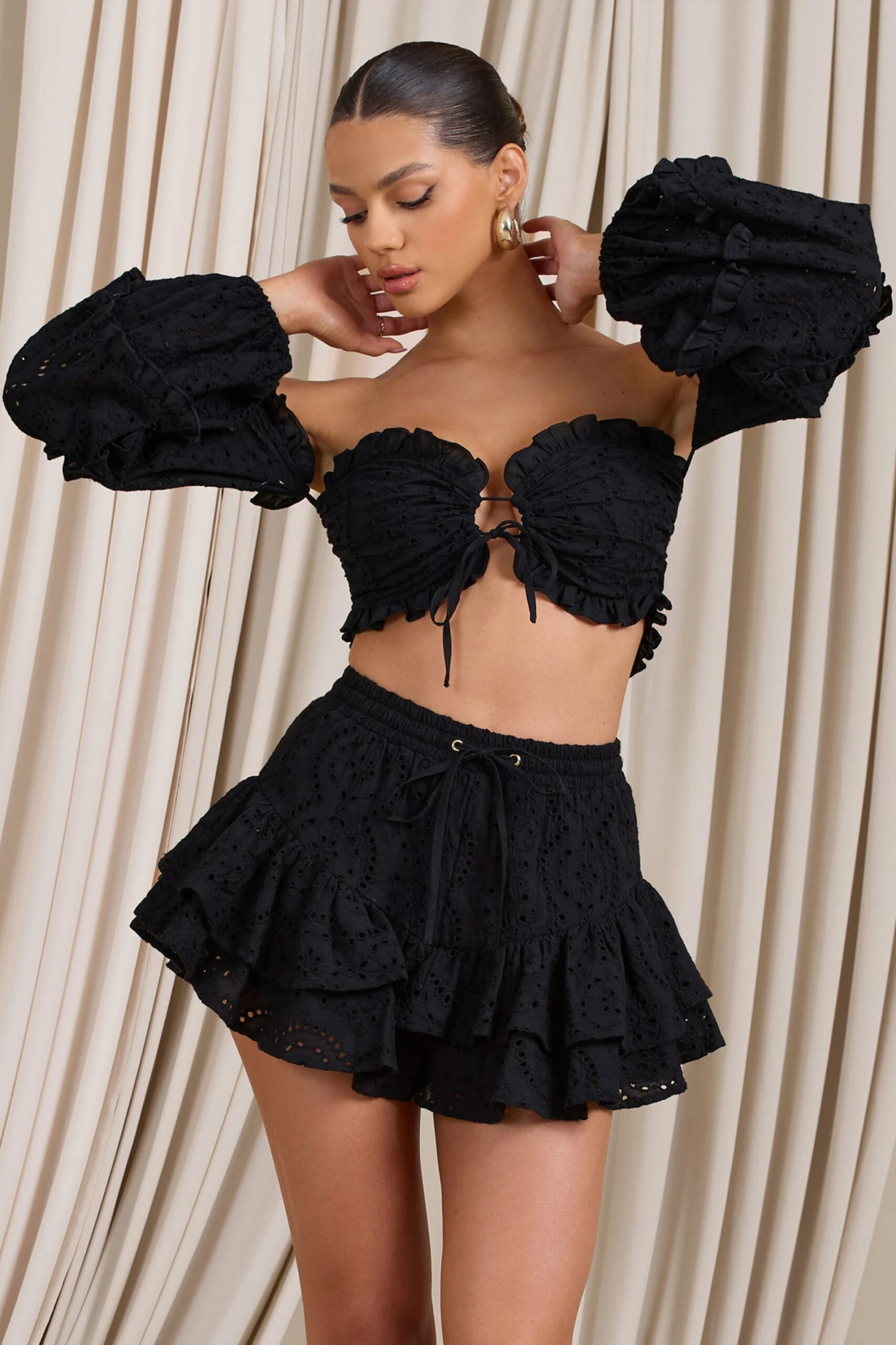 Postcard | Black Lace Bardot Puff-Sleeved Crop Top - Image 5