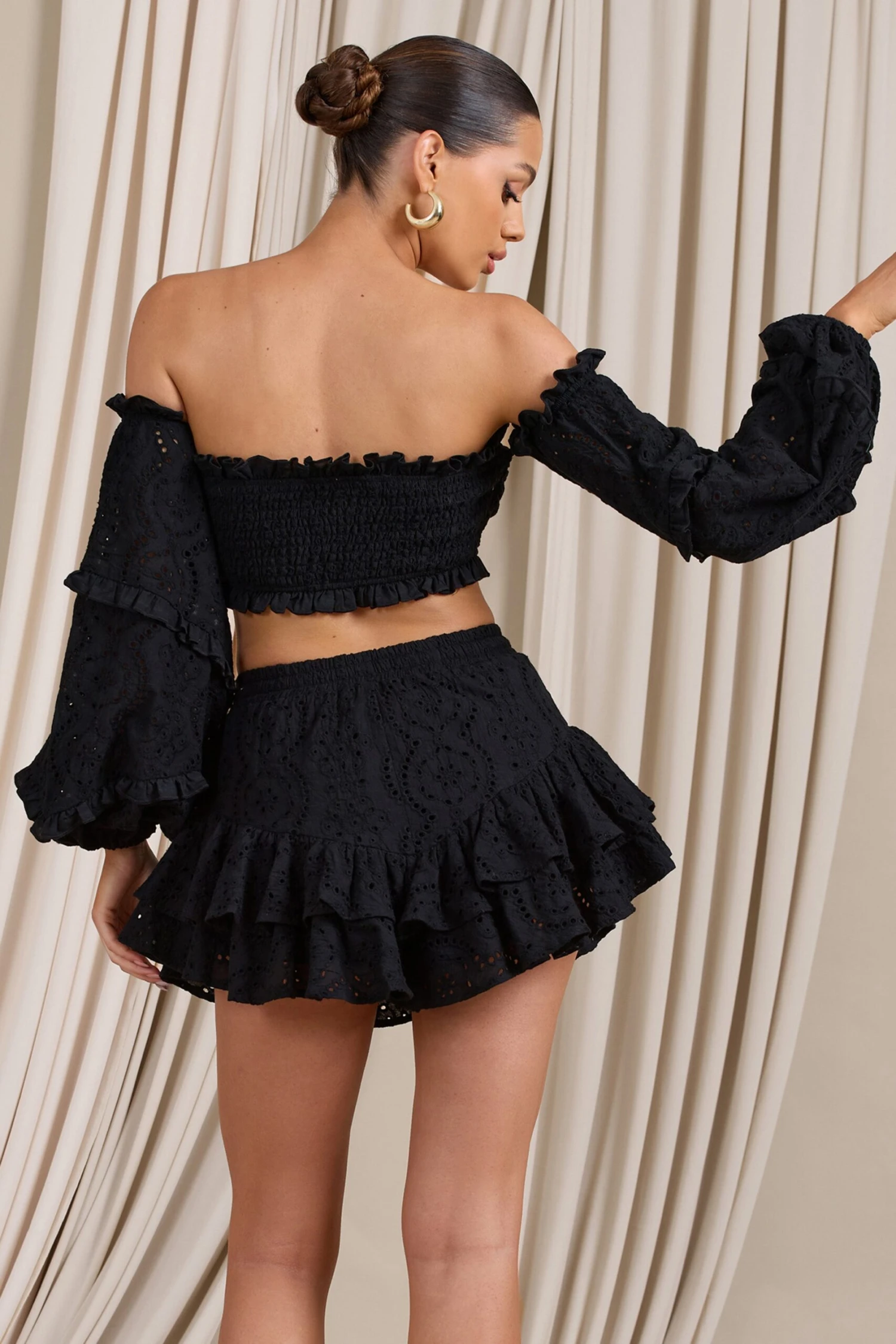 Postcard | Black Lace Bardot Puff-Sleeved Crop Top - Image 3