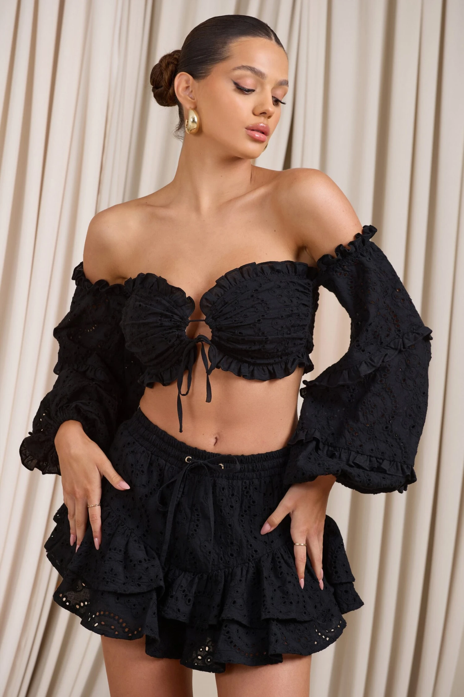 Postcard | Black Lace Bardot Puff-Sleeved Crop Top - Image 2