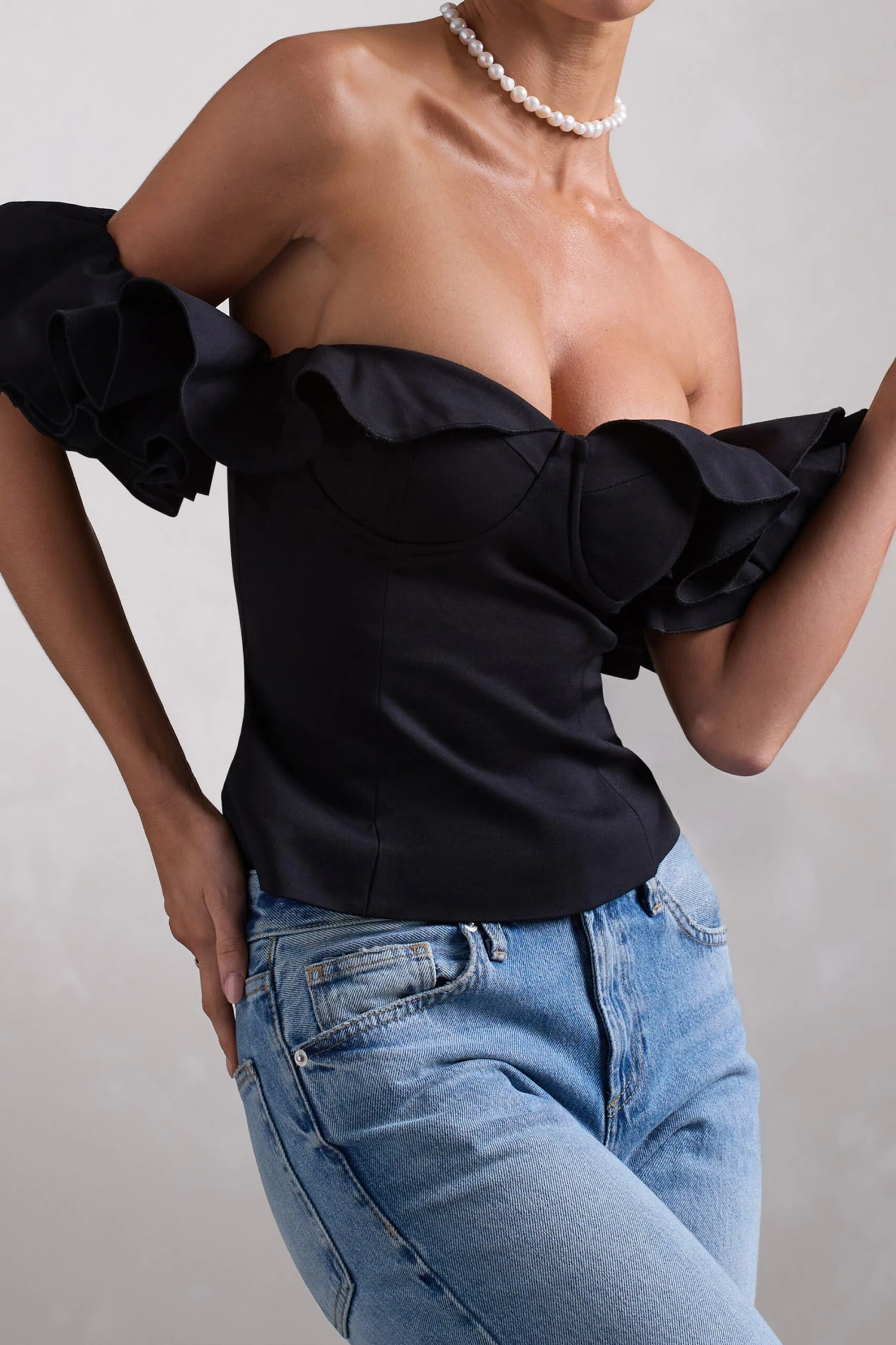 Naturally | Black Cotton-Blend Structured Bardot Top - Image 3