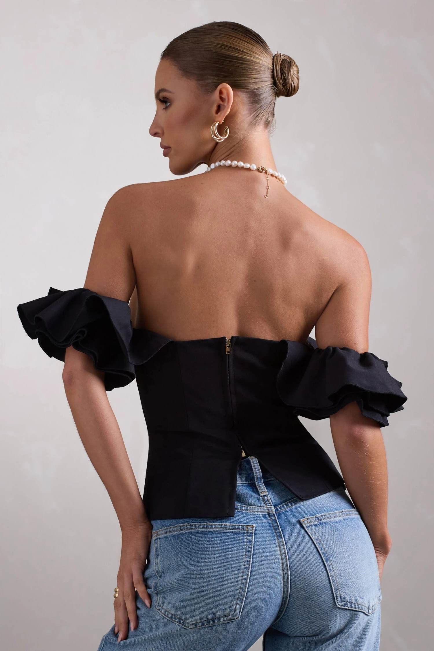 Naturally | Black Cotton-Blend Structured Bardot Top - Image 2