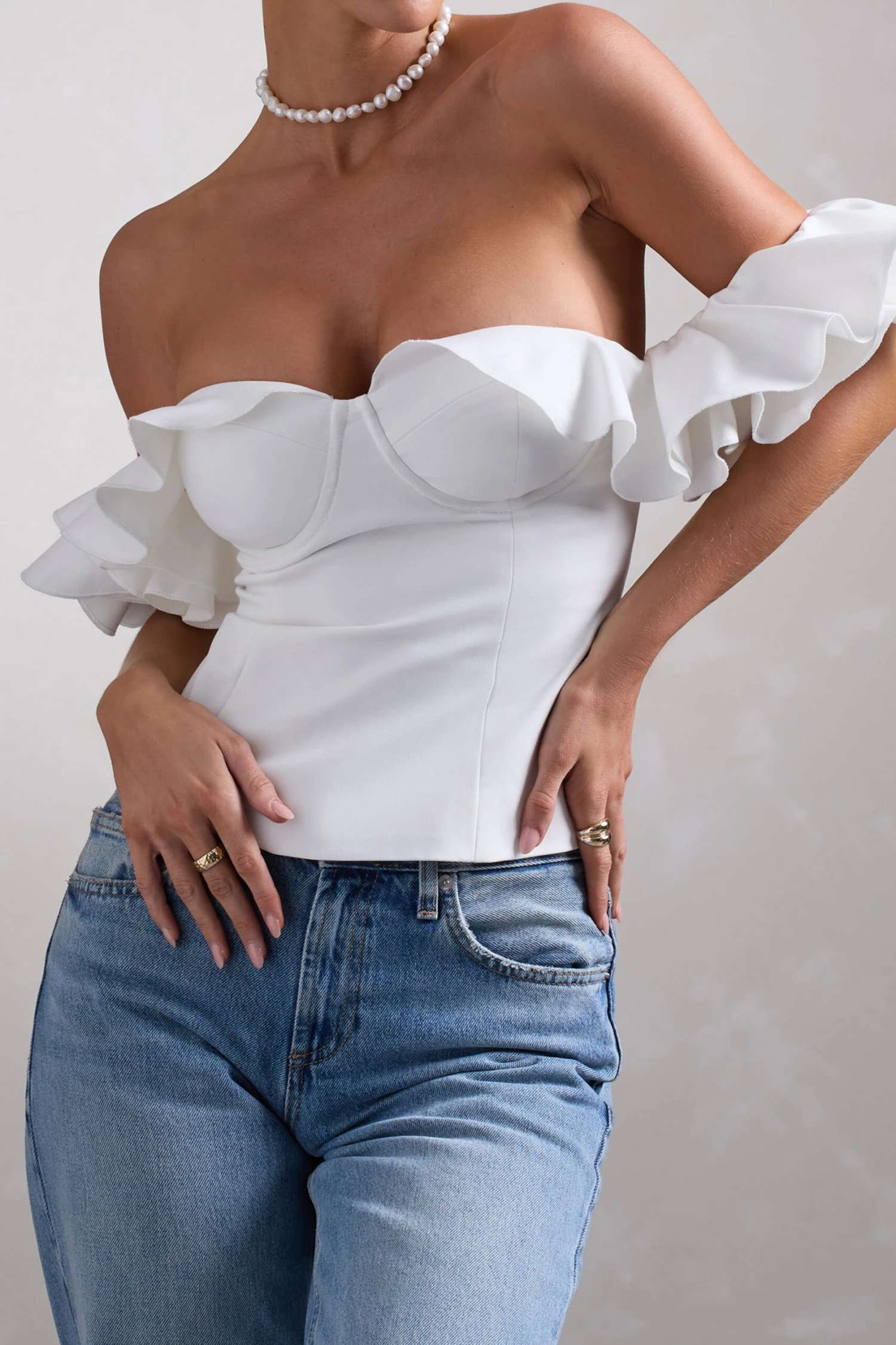 Naturally | White Cotton-Blend Structured Bardot Top - Image 4