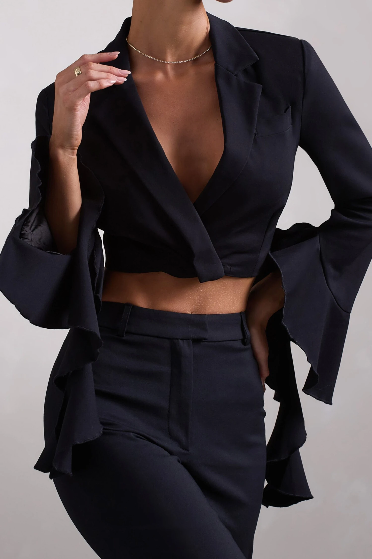 Sophie | Black Cotton-Blend Tailored Cropped Blazer With Ruffled Cuffs - Image 3