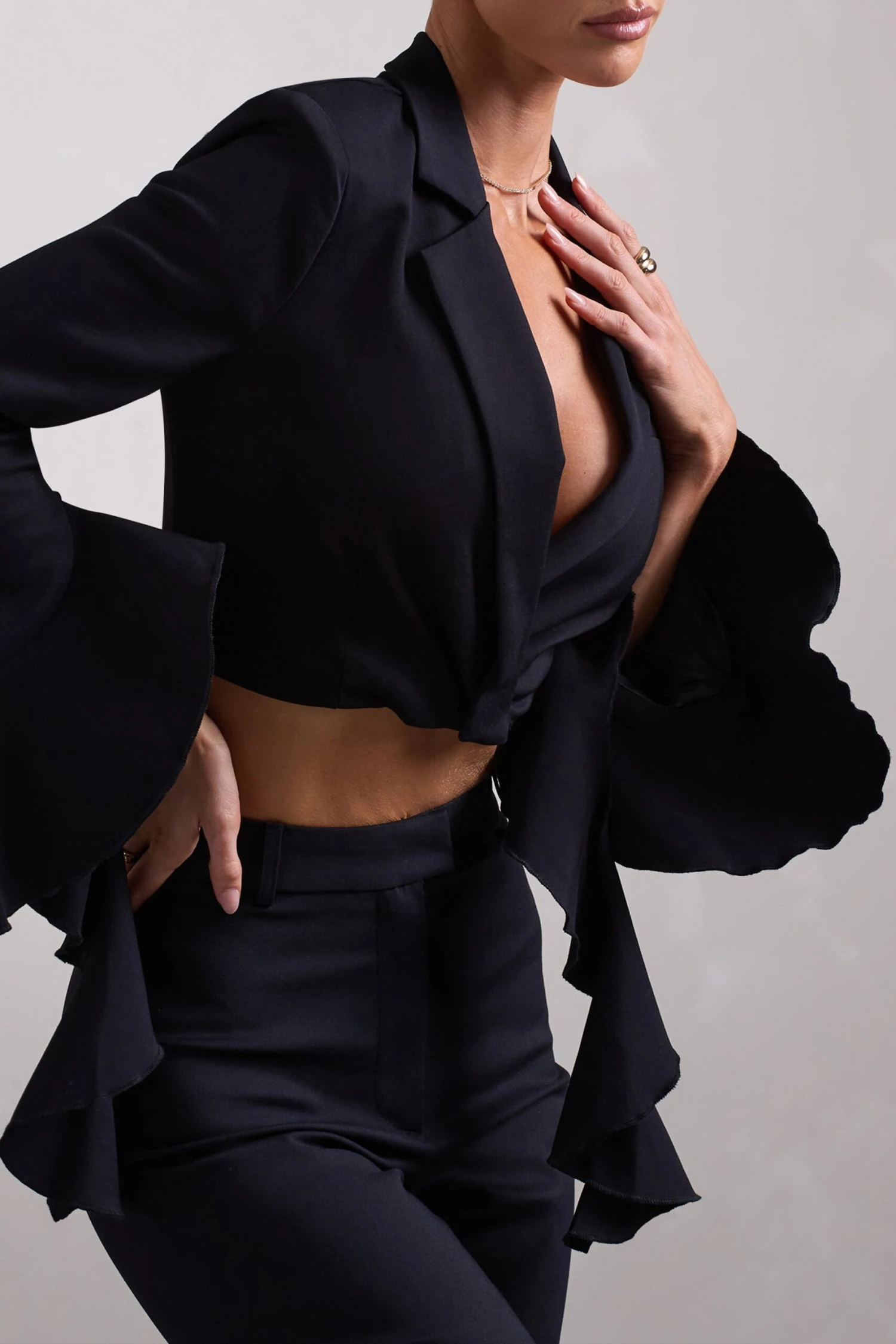 Sophie | Black Cotton-Blend Tailored Cropped Blazer With Ruffled Cuffs - Image 4