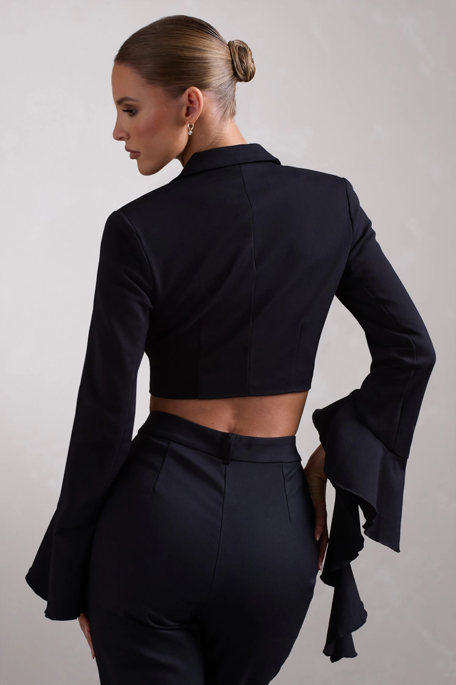 Sophie | Black Cotton-Blend Tailored Cropped Blazer With Ruffled Cuffs - Image 2