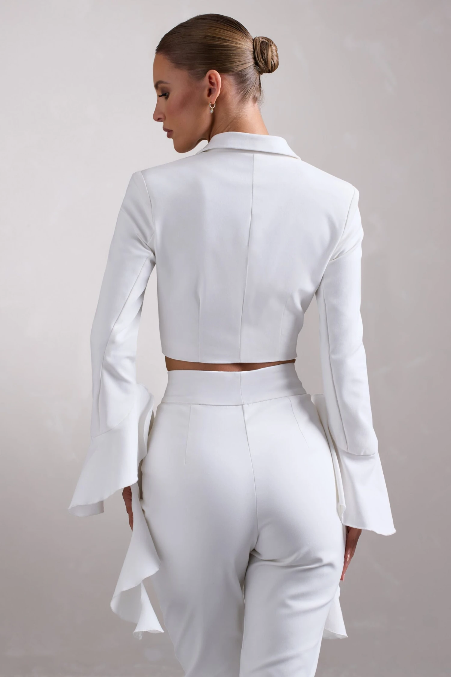 Sophie | White Cotton-Blend Tailored Cropped Blazer With Ruffled Cuffs - Image 2