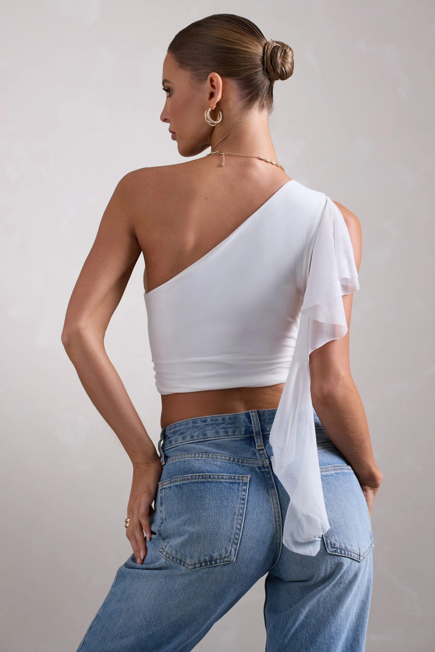 Fondant | White Asymmetric Ruched Top With Statement Ruffles - Image 2