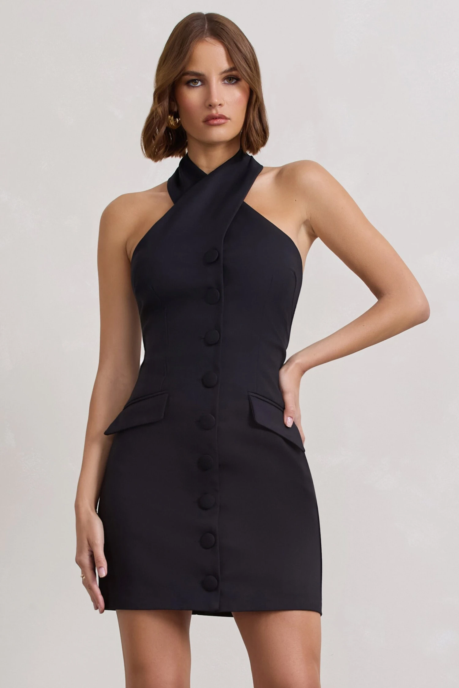 Dani | Black Halter Neck Tailored Buttoned Bodycon Mini Dress - Image 4