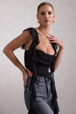 First Love | Black Chiffon Cowl Crop Top With Ruffles