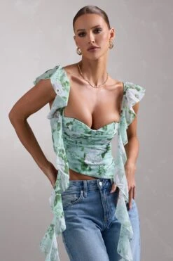 First Love | White & Green Floral Chiffon Cowl Crop Top With Ruffles