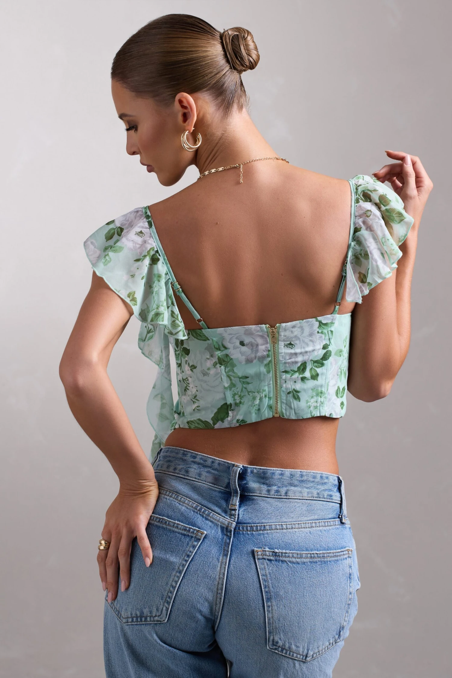 First Love | White & Green Floral Chiffon Cowl Crop Top With Ruffles - Image 2