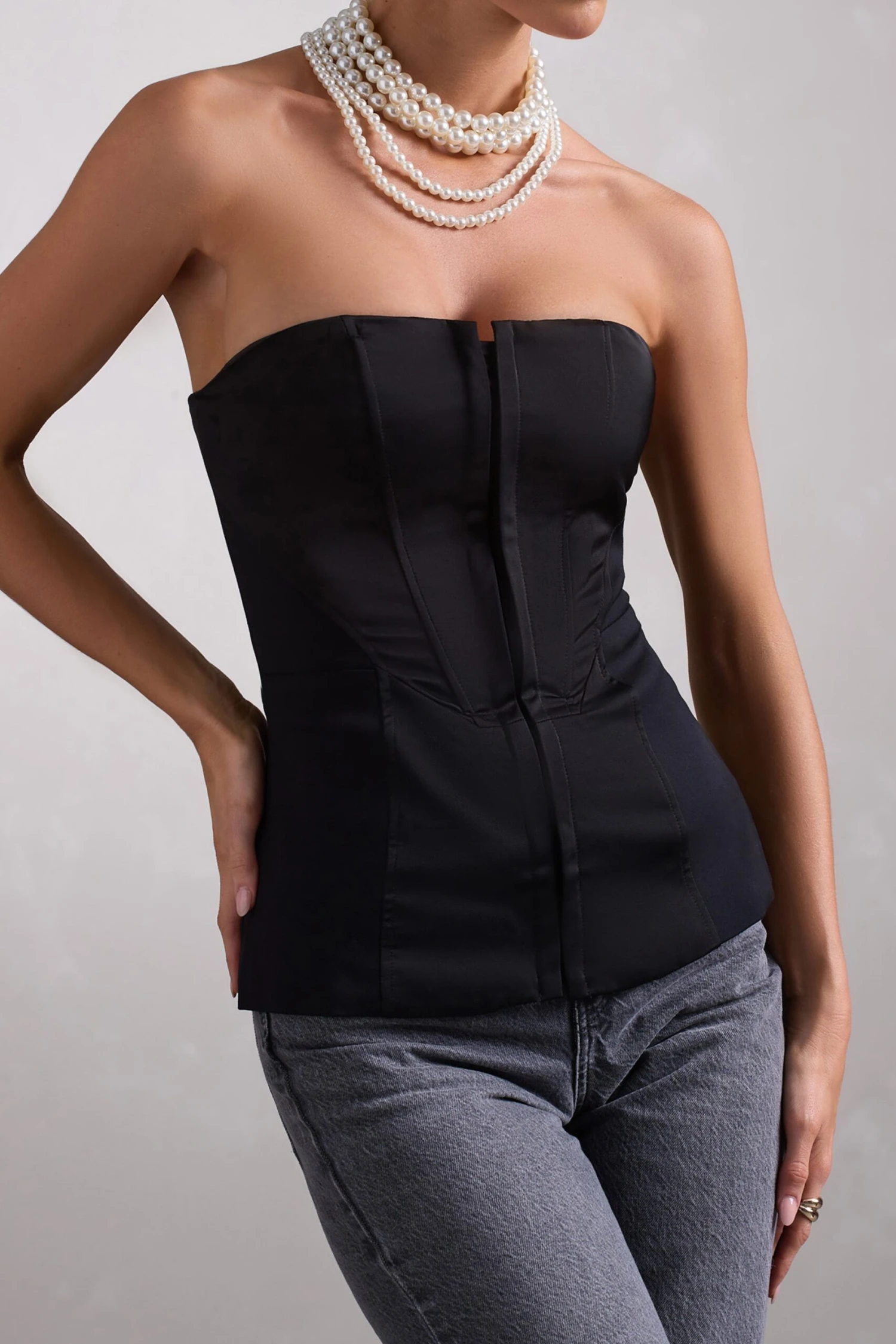 Illusive | Black Satin-Blend Strapless Panelled Corset Top - Image 4