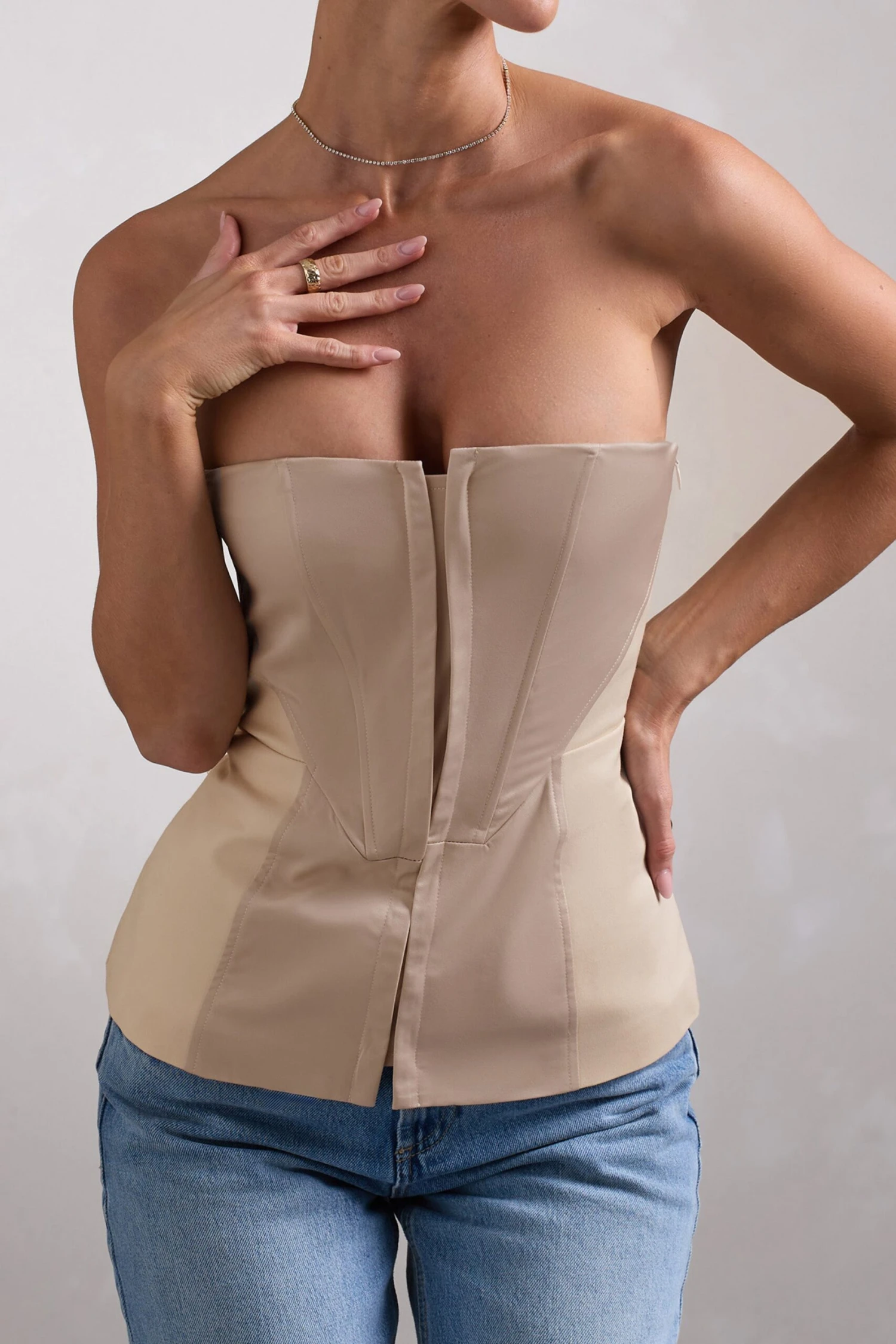 Illusive | Stone Satin-Blend Strapless Panelled Corset Top - Image 5