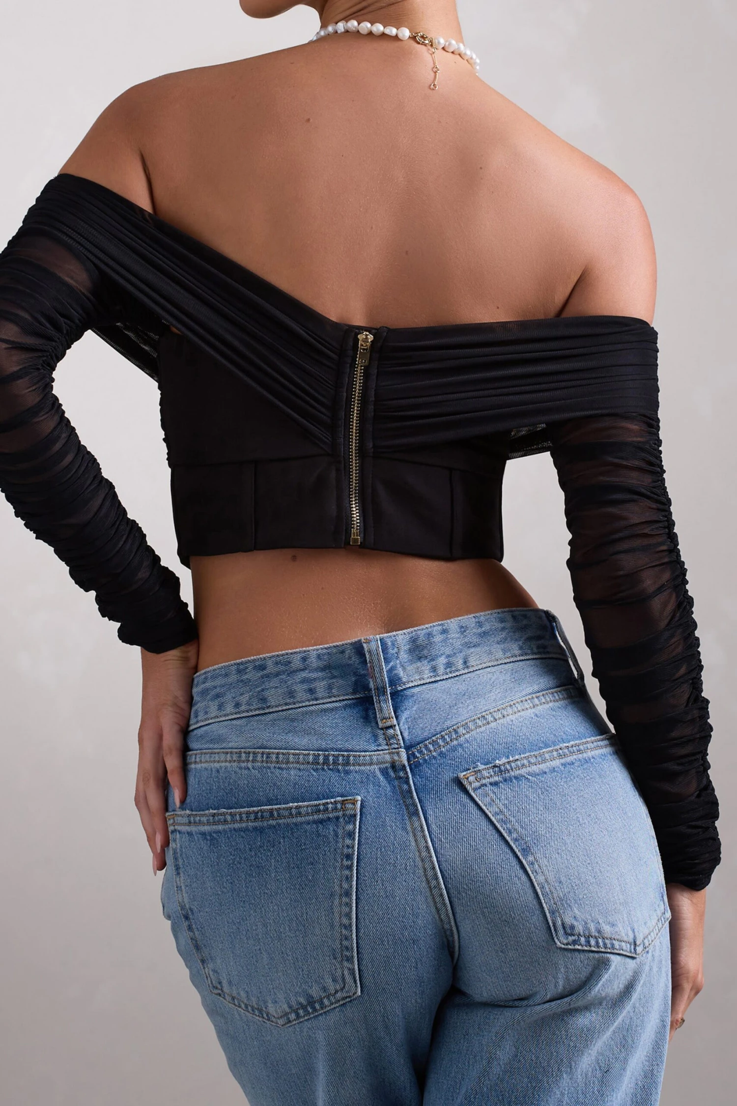 Dramatic | Black Sheer Bardot Long-Sleeved Corset Top - Image 5