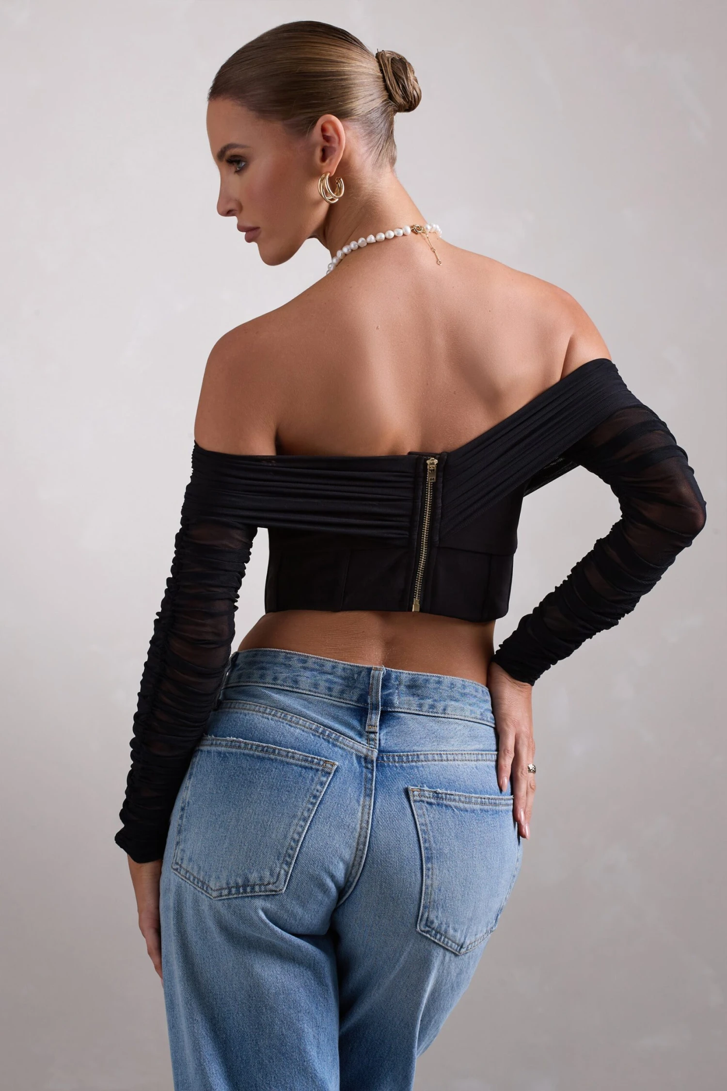 Dramatic | Black Sheer Bardot Long-Sleeved Corset Top - Image 2