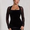 Off-Piste | Black Velvet Bodycon Mini Dress With Sheer Sleeves