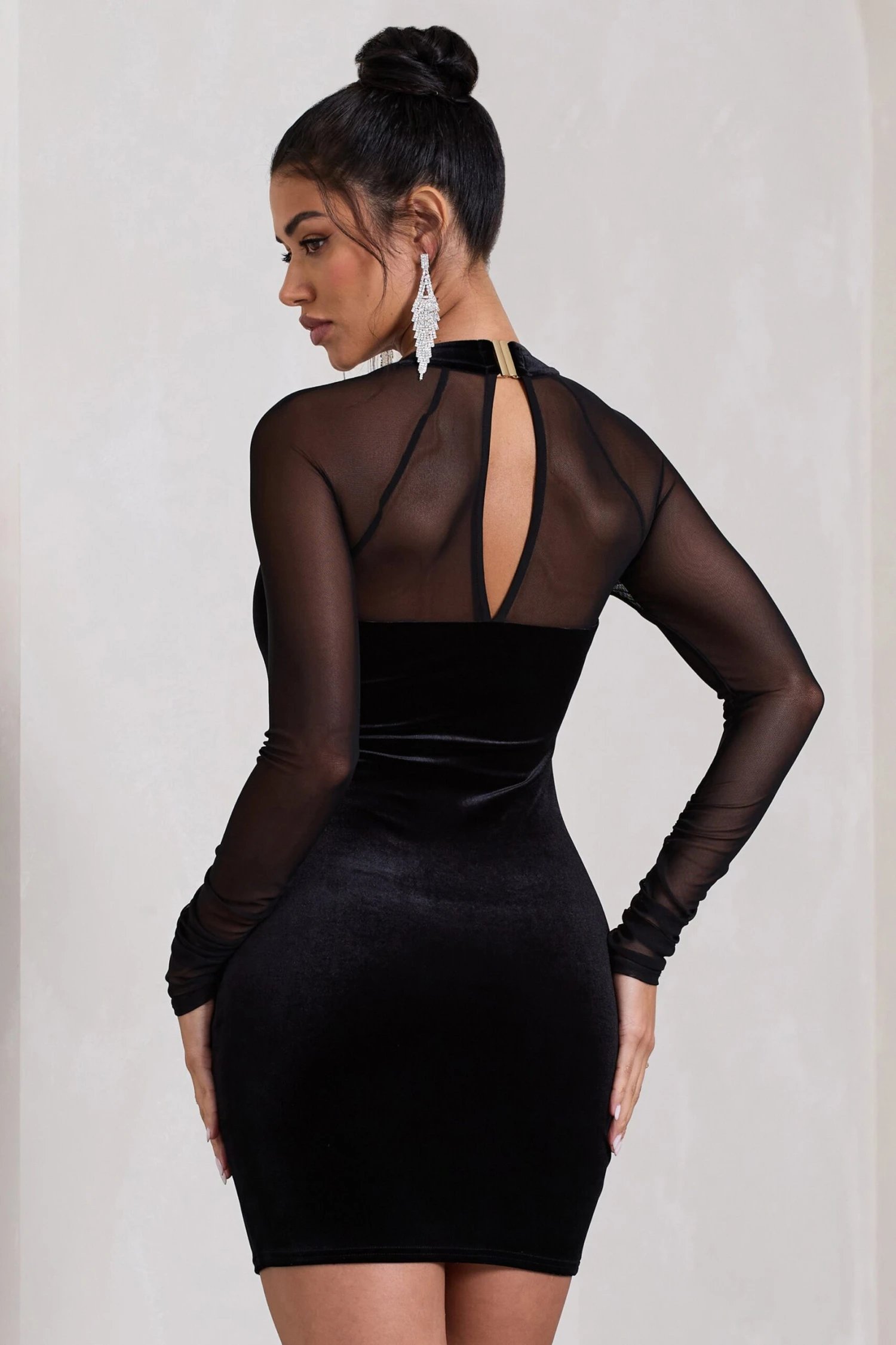 Off-Piste | Black Velvet Bodycon Mini Dress With Sheer Sleeves - Image 2
