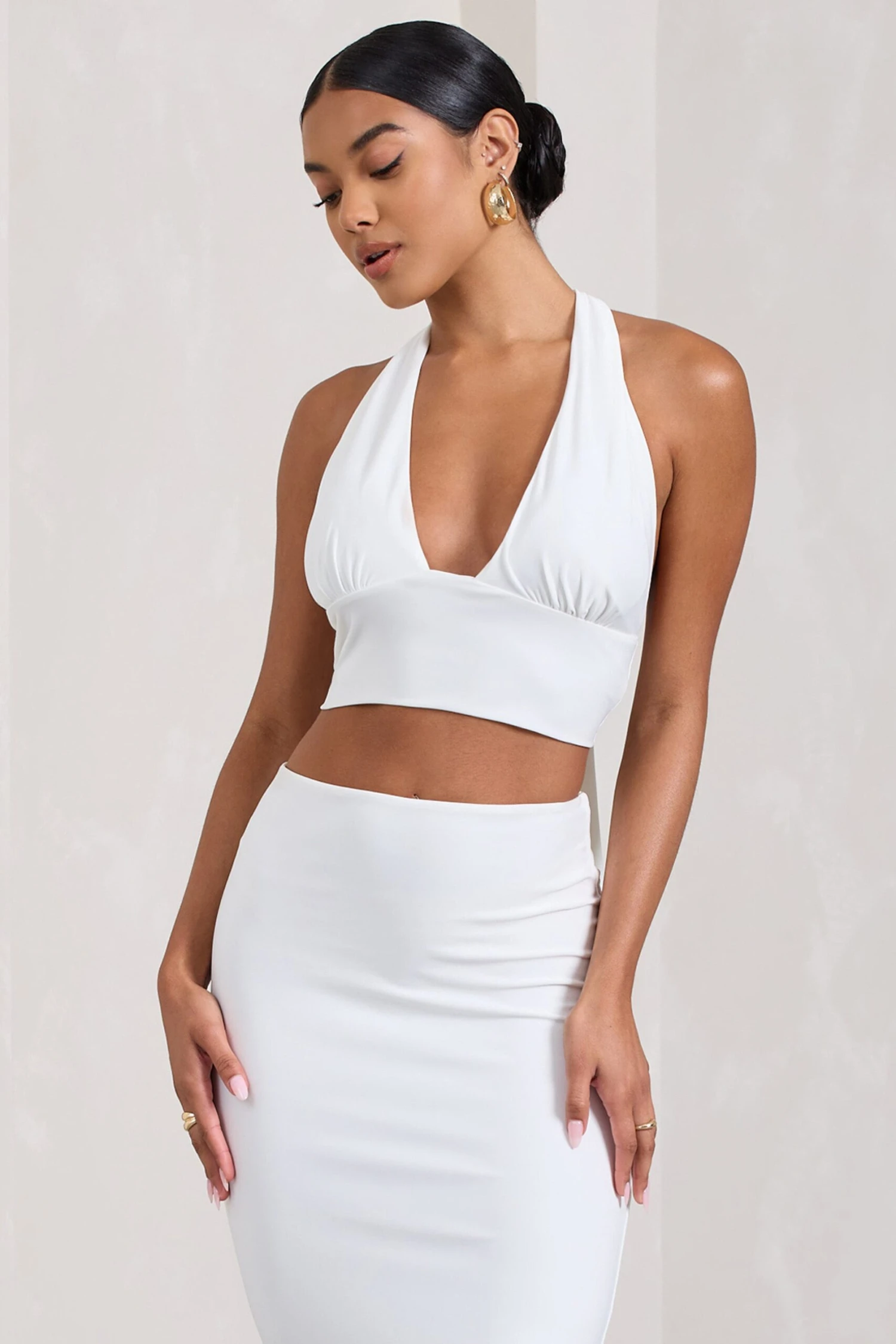 Amp Up | White Plunging Halter-Neck Crop Top - Image 5