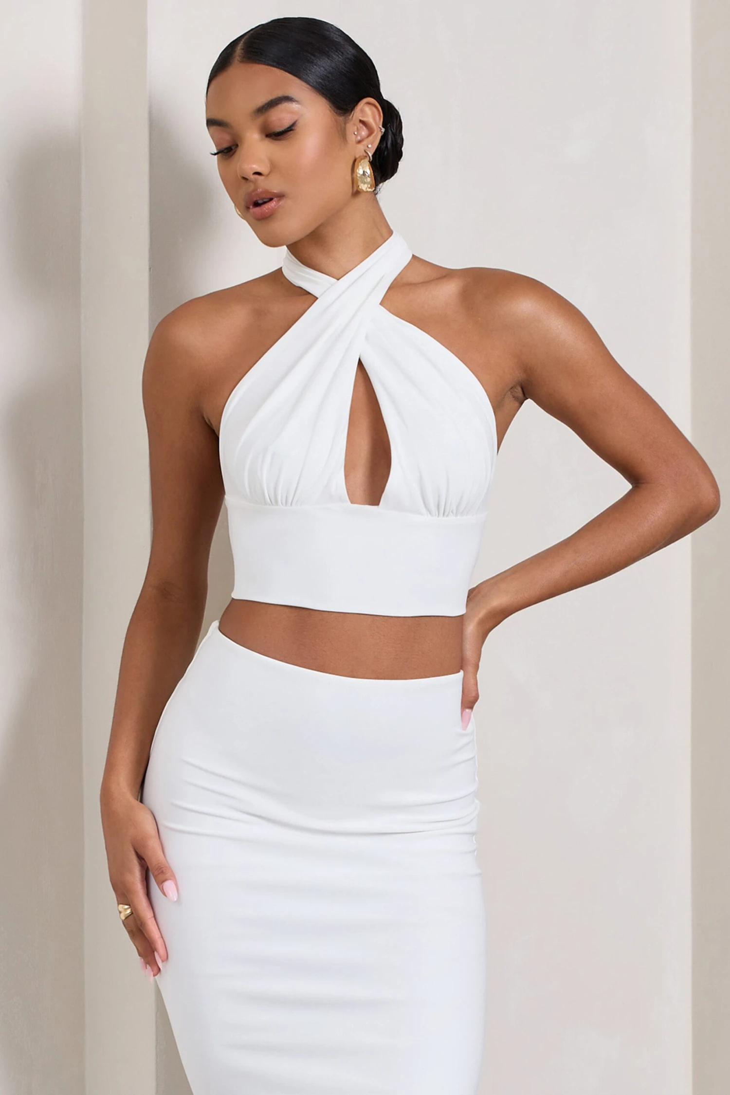 Amp Up | White Plunging Halter-Neck Crop Top - Image 3