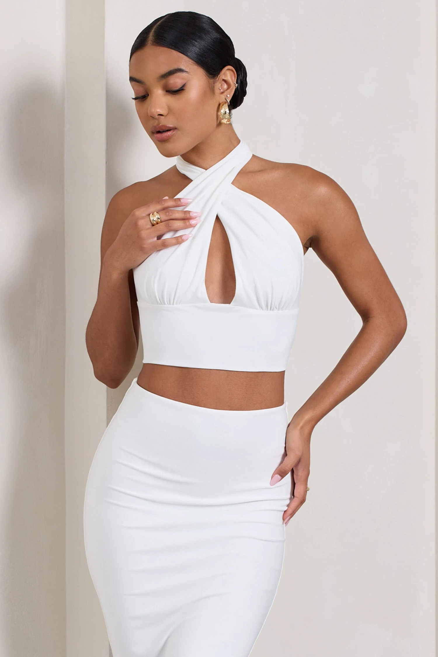 Amp Up | White Plunging Halter-Neck Crop Top - Image 4