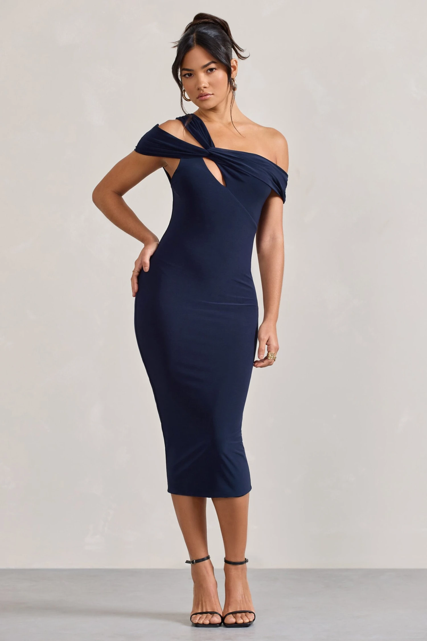 Chain Reaction | Navy Strappy Asymmetric Bodycon Midi Dress - Image 5