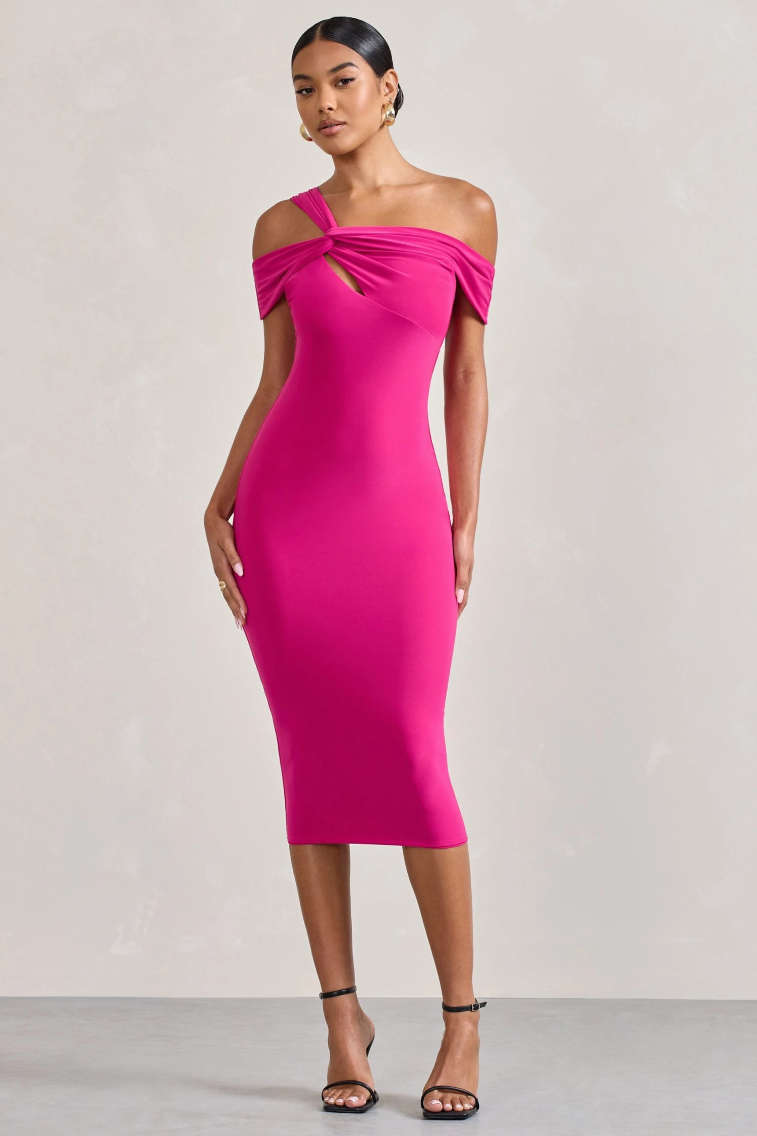 Chain Reaction | Fuchsia Pink Strappy Asymmetric Bodycon Midi Dress - Image 5