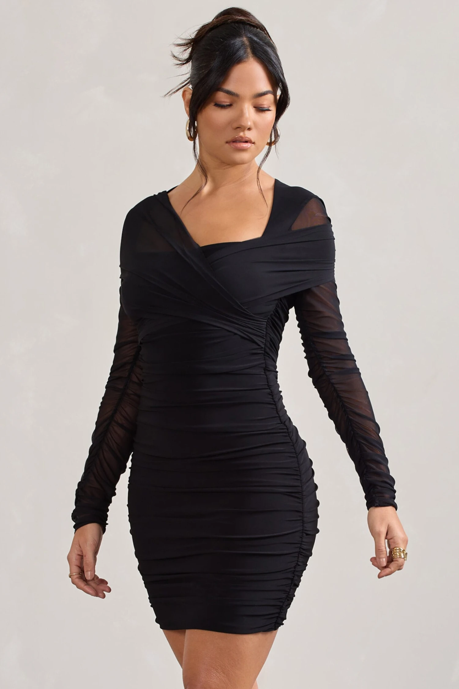 Sparks Fly | Black Ruched Mesh Long-Sleeved Bodycon Mini Dress - Image 3