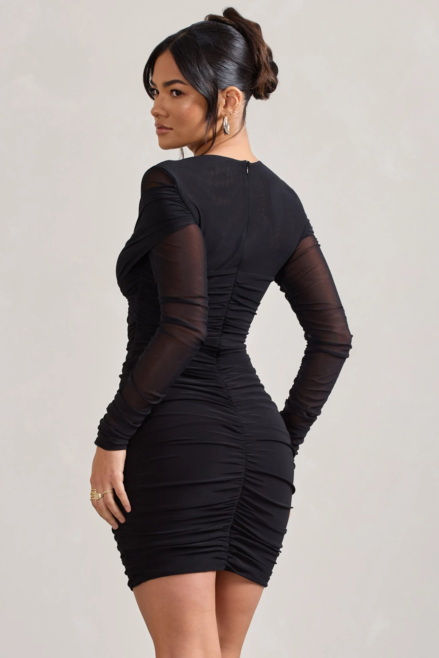 Sparks Fly | Black Ruched Mesh Long-Sleeved Bodycon Mini Dress - Image 2