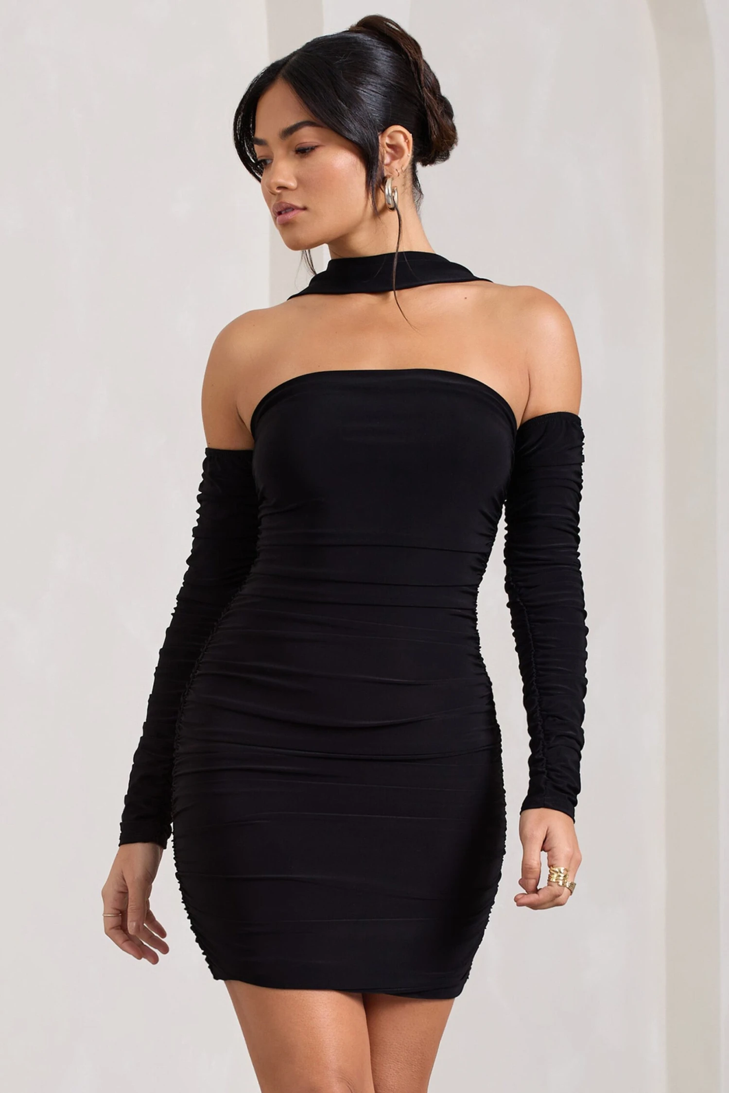 Thea | Black Ruched Long-Sleeved Bodycon Mini Dress With Halter Collar - Image 4