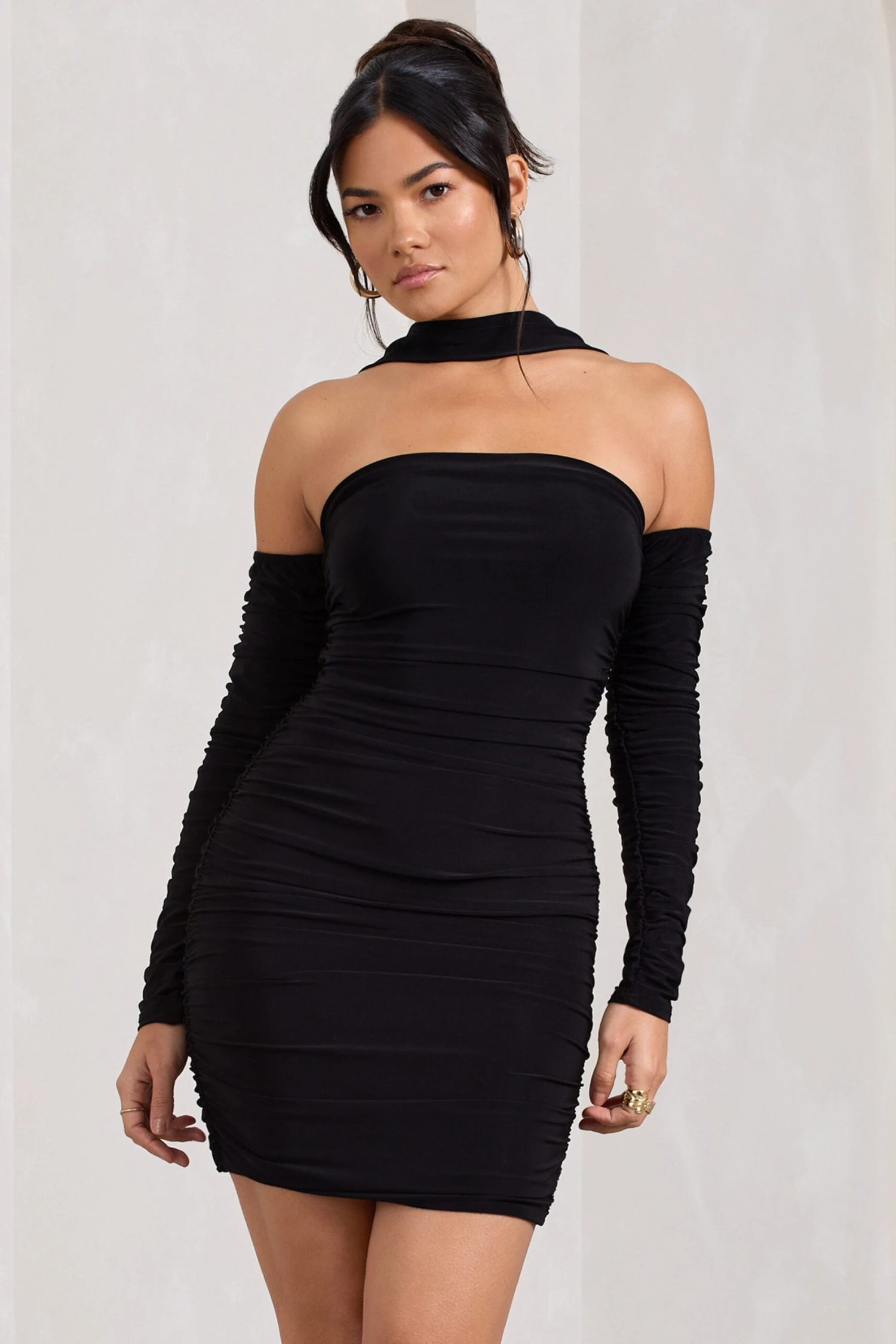 Thea | Black Ruched Long-Sleeved Bodycon Mini Dress With Halter Collar - Image 5