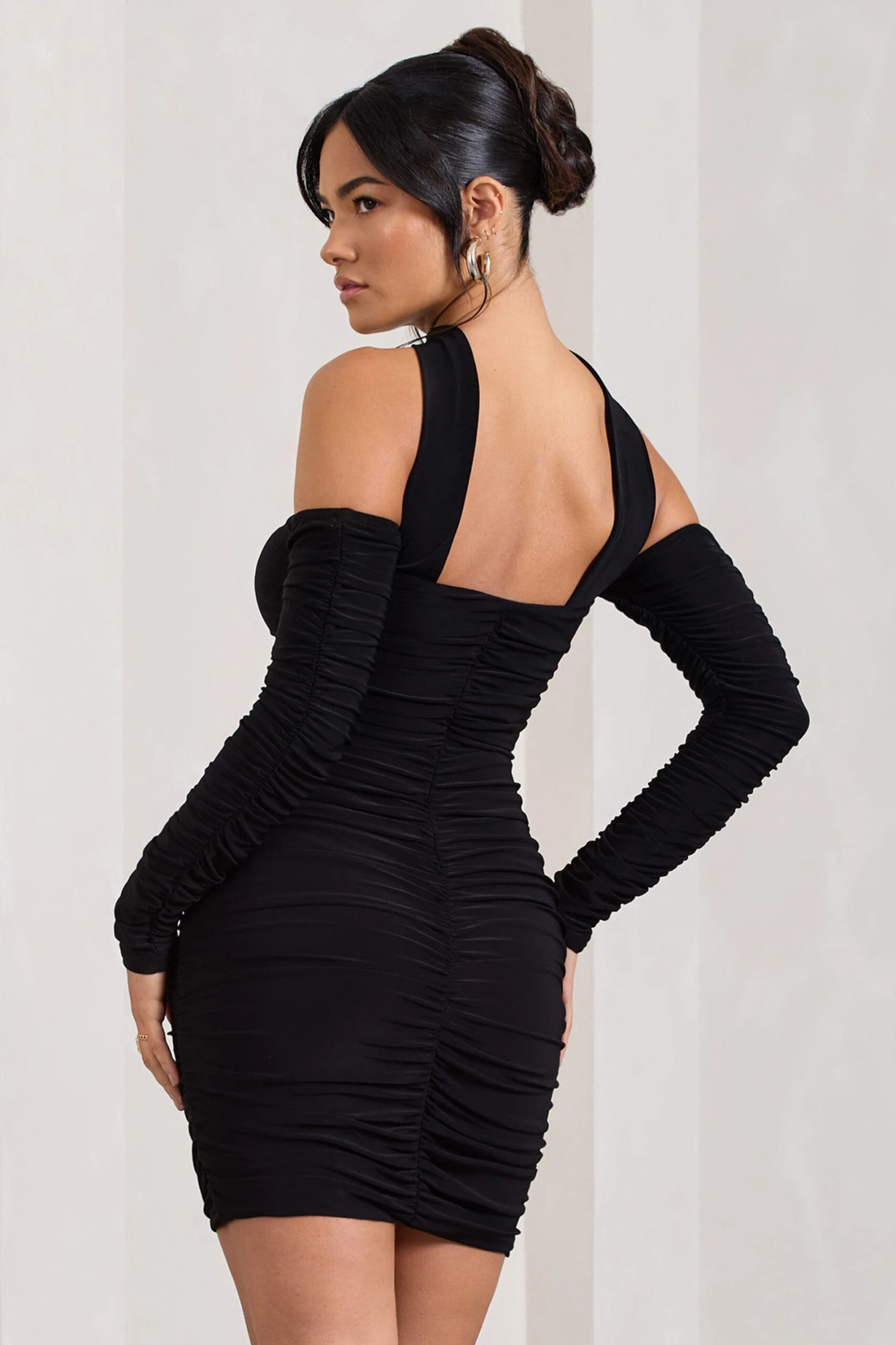 Thea | Black Ruched Long-Sleeved Bodycon Mini Dress With Halter Collar - Image 2