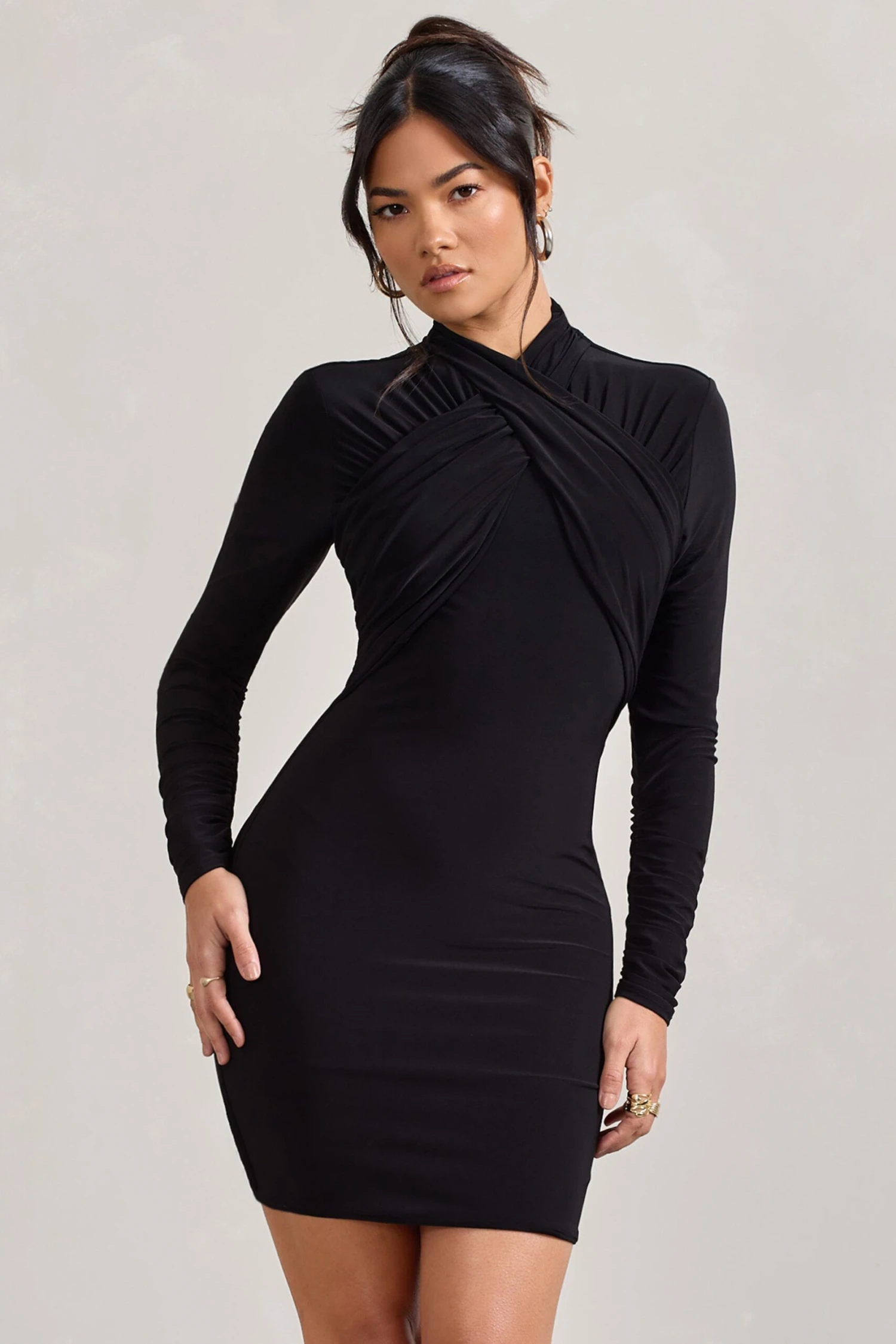 Eve | Black Crossed-Neck Long-Sleeved Bodycon Mini Dress - Image 4