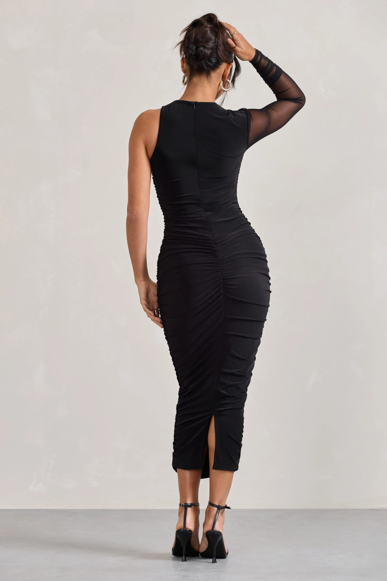 Luciene | Black Ruched Asymmetric Bodycon Midi Dress With Sheer Sleeve - Image 2