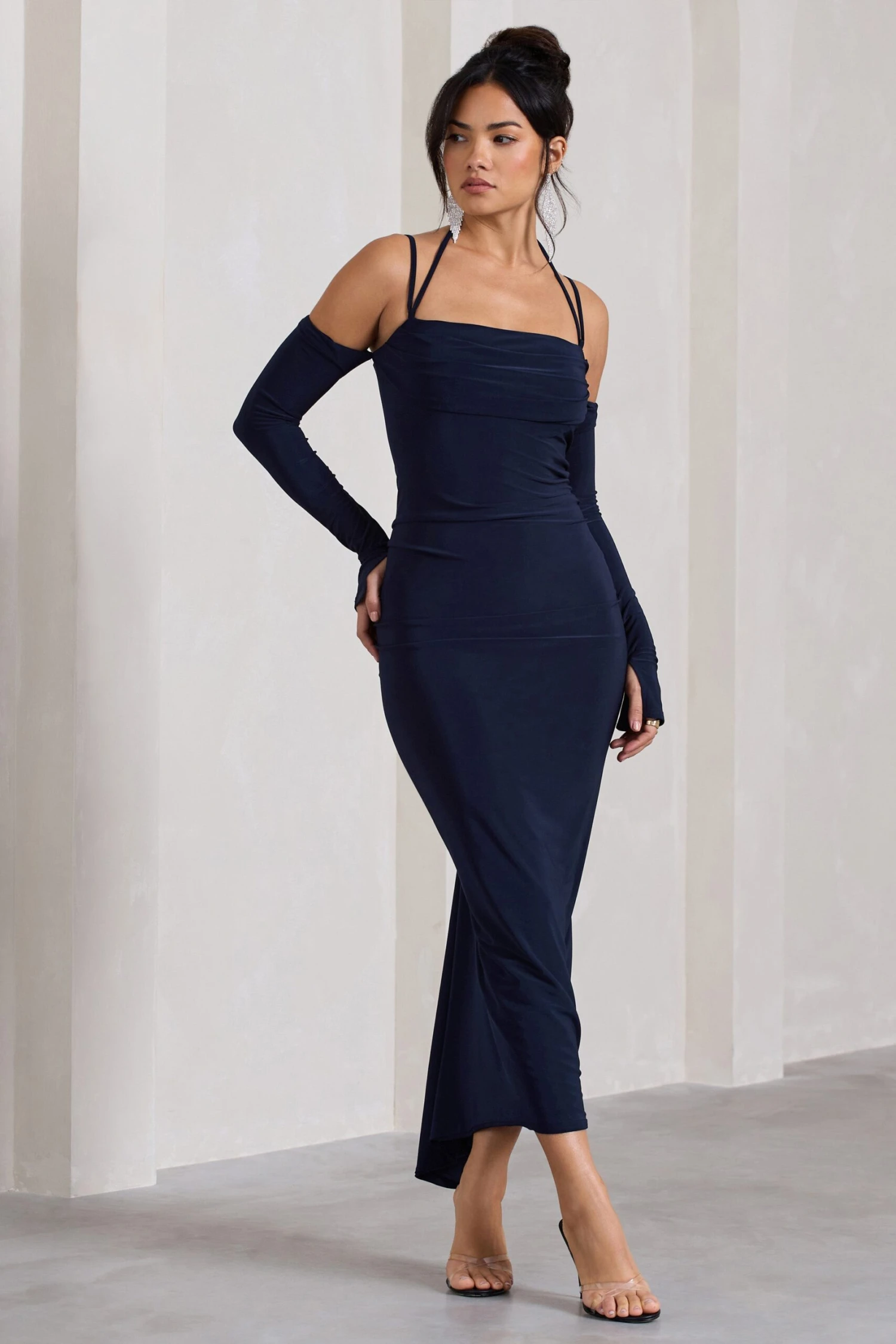 Jessie | Navy Strappy Long-Sleeved Bodycon Maxi Dress - Image 2