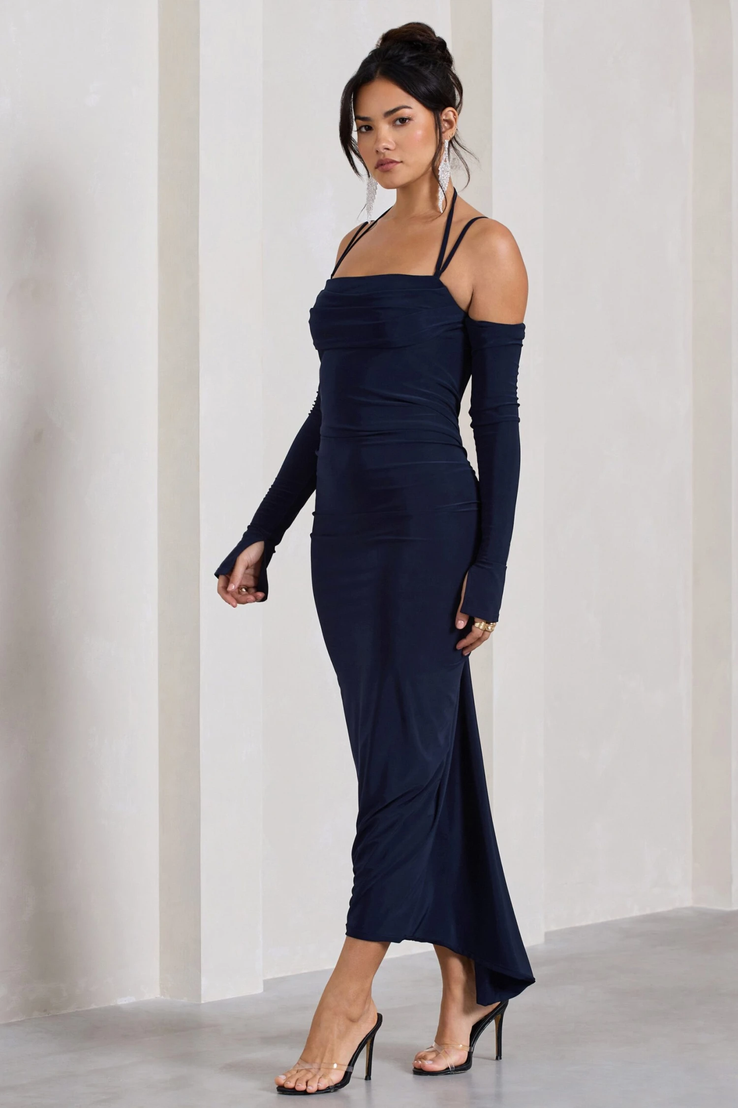Jessie | Navy Strappy Long-Sleeved Bodycon Maxi Dress - Image 3
