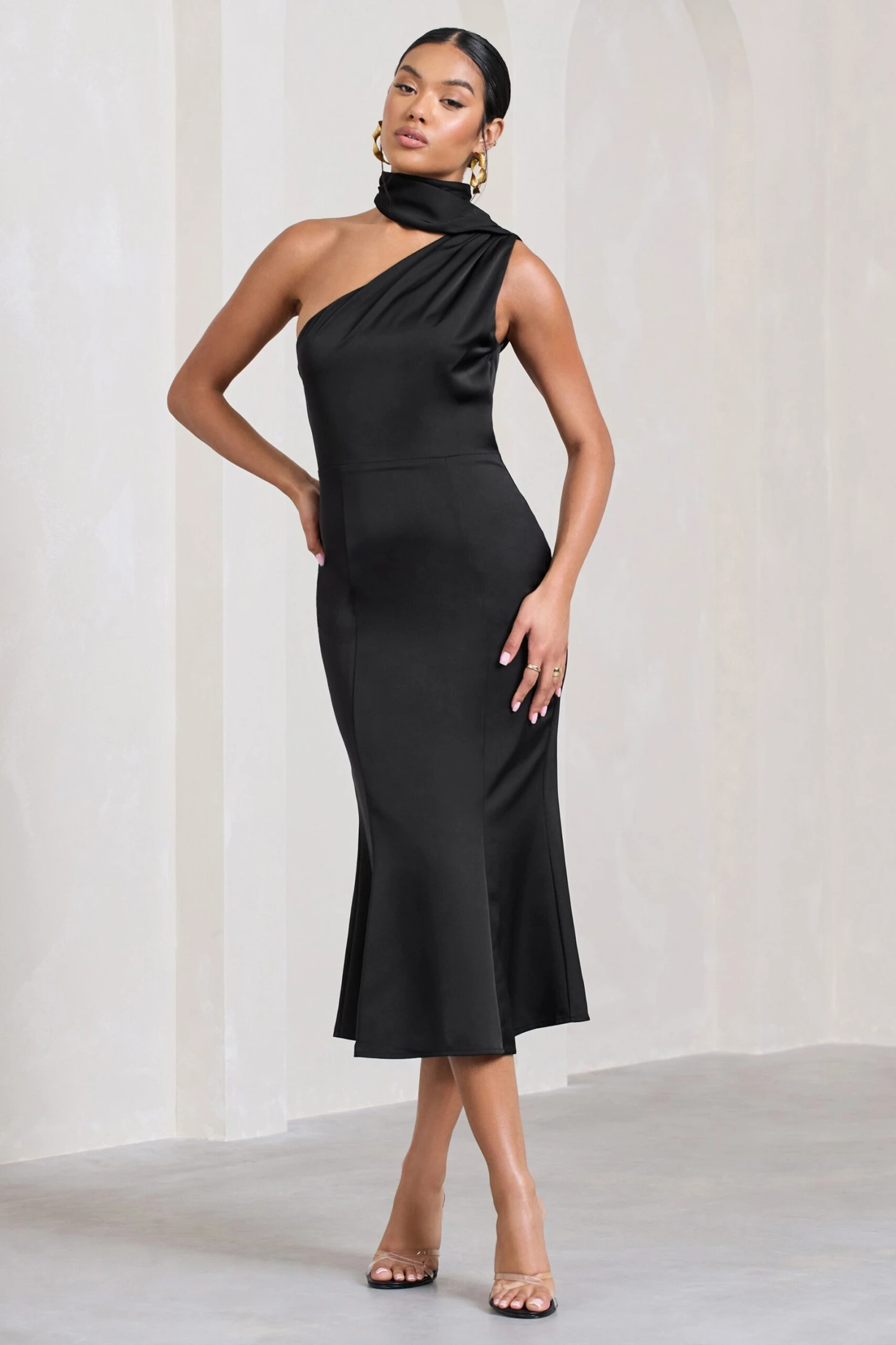 Golden Girl | Black Satin Asymmetric High-Neck Flared Midi Dress - Image 4